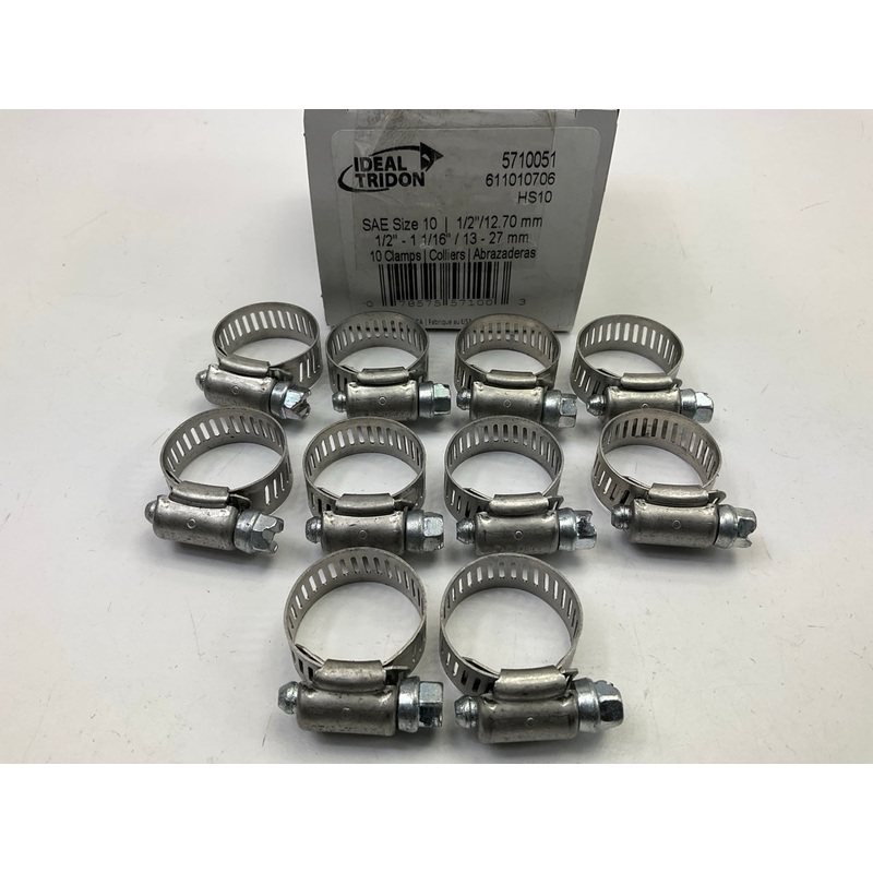 (10) Ideal 5710051 SAE Size 10, 1/2'' To 1-1/16'' Diameter Hose Clamps