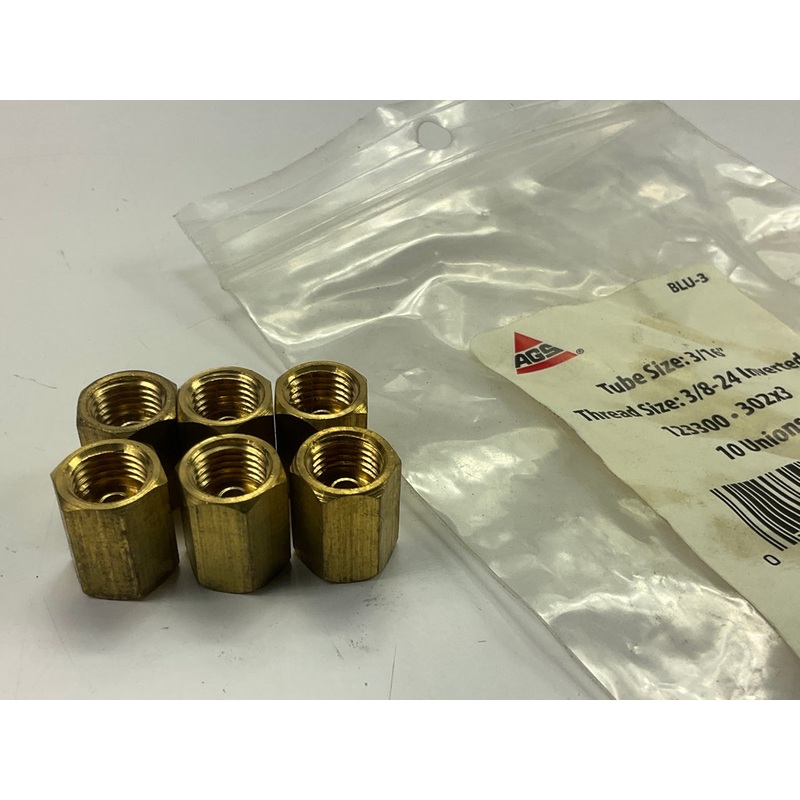 (6) AGS BLU-3 Brake Line Brass Fitting Union, 3/16'' (3/8''-24 Inverted)