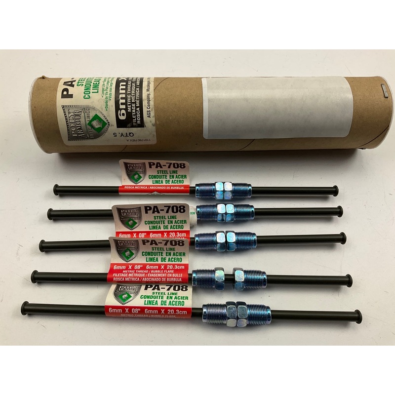 (5) AGS PA-708 PVF Coated Steel Brake Line: 8'' Long, 6mm Diameter, 1/2'' Threads
